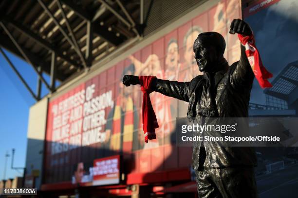 The statue of former Liverpool manager Bill Shankly seen before the UEFA Champions League group E match between Liverpool FC and RB Salzburg at...