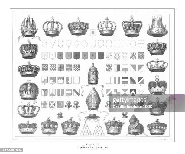 crowns and shields engraving antique illustration, published 1851 - french_crown stock illustrations