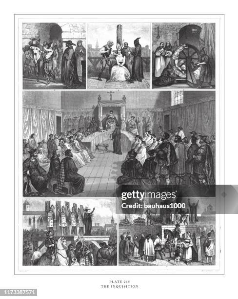 inquisition engraving antique illustration, published 1851 - sect stock illustrations