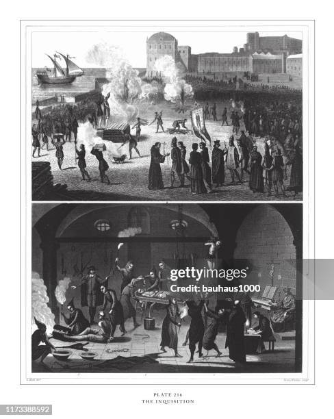 inquisition engraving antique illustration, published 1851 - interrogate drawing stock illustrations