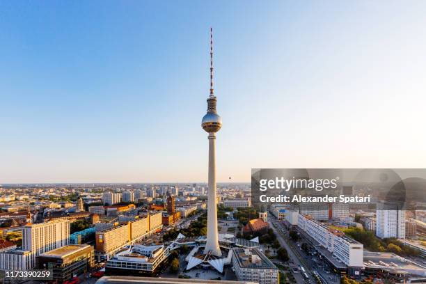 aerial view of berlin skyline with frehnsehturm tv tower, berlin, germany - berlin stock pictures, royalty-free photos & images