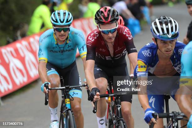 Jakob Fuglsang of Denmark and Astana Pro Team / James Knox of Great Britain and Team Deceuninck-QuickStep / Tao Geoghegan Hart of Great Britain and...