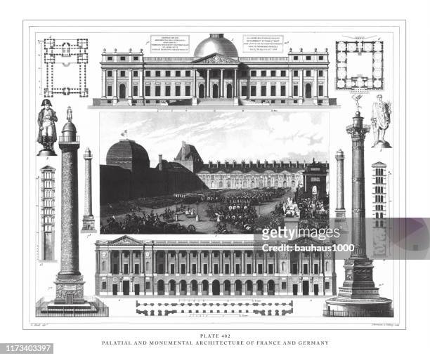 ilustrações, clipart, desenhos animados e ícones de arquitetura palaciana e monumental da frança e alemanha gravura antiga ilustração, publicado 1851 - praça vendome