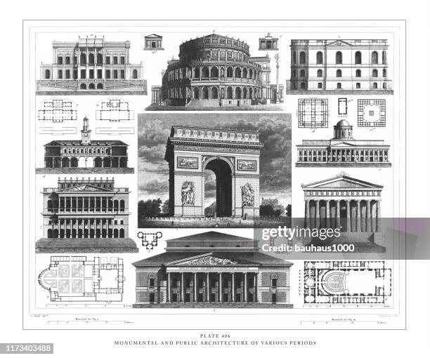 ilustraciones, imágenes clip art, dibujos animados e iconos de stock de arquitectura monumental y pública de varios periodos grabado ilustración antigua, publicado en 1851 - arco del triunfo parís