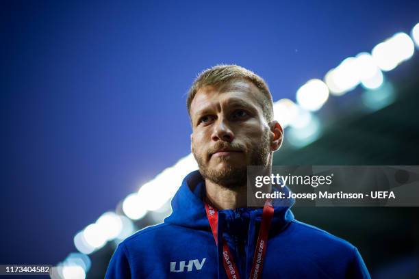 Ragnar Klavan of Estonia looks on ahead of the UEFA Euro 2020 Qualifier group C match between Estonia and Netherlands at A le Coq Arena on September...