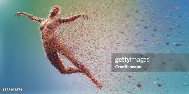 multi-coloured squares coming together to form abstract graceful female figure - people on colored background stock pictures, royalty-free photos & images
