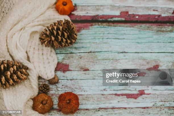 autumn, fall workspace composition. notebook mock-up scene. cup of coffee, wool blanket, - coffee cup top view stockfoto's en -beelden