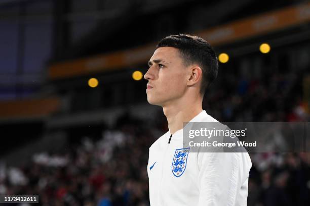 Phil Foden of England enters the pitch prior to the UEFA European U21 2021 Championship Qualifier between England and Kosovo at KCOM Stadium on...