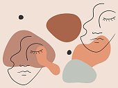 Elegant pastel illustration with linear shapes of a female face. Vector