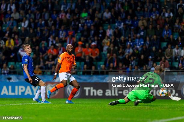 Ryan Babel of Netherlands scores a goal during the UEFA Euro 2020 Qualifier group C match between Estonia and Netherlands at A le Coq Arena on...