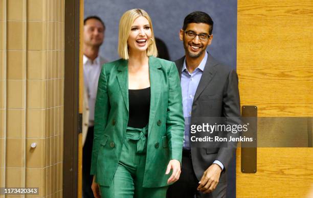 White House advisor Ivanka Trump and the CEO of Google, Sundar Pichai, arrive for a roundtable discussion focusing on assisting American workers for...