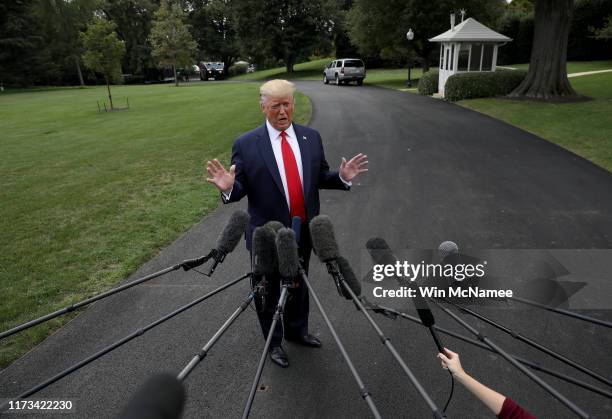 President Donald Trump speak to members of the press at the White House before departing on September 09, 2019 in Washington, DC. Trump is scheduled...