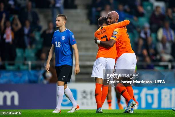 Ryan Babel of Netherlands celebrates his 2nd goal with Donyell Malen of Netherlands during the UEFA Euro 2020 Qualifier group C match between Estonia...
