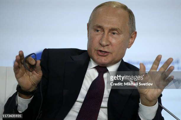 Russian President Vladimir Putin speeches during the Annual Meeting of Valdai International Discussion Club at mountain resort of Krasnaya Polyana in...