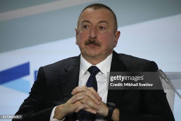 Azeri President Ilham Aliyev speeches during the Annual Meeting of Valdai International Discussion Club at mountain resort of Krasnaya Polyana in...