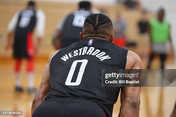 Wesbrook Rockets Russell Westbrook of the Houston Rockets looks on during practice at ...