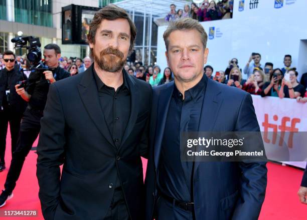 Matt Damon and Christian Bale attends the "Ford v Ferrari" premiere during the 2019 Toronto International Film Festival at Roy Thomson Hall on...