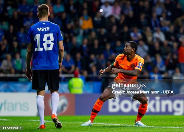 Georginio Wijnaldum of Netherlands celebrates his goal during the UEFA Euro 2020 Qualifier group C match between Estonia and Netherlands at A le Coq...