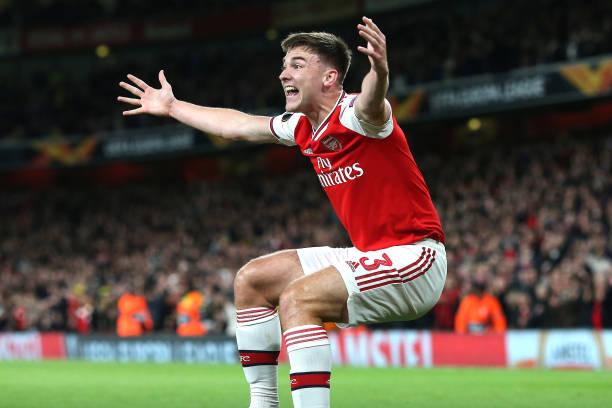 Kieran Tierney of Arsenal celebrates their 1st goal for which he provided the assist during the UEFA Europa League group F match between Arsenal FC...