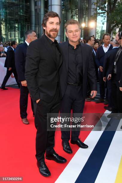 Christian Bale and Matt Damon attend the "Ford v Ferrari" premiere during the 2019 Toronto International Film Festival at Roy Thomson Hall on...