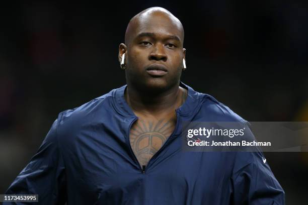 Laremy Tunsil of the Houston Texans warms up before a game against the New Orleans Saints at the Mercedes Benz Superdome on September 09, 2019 in New...