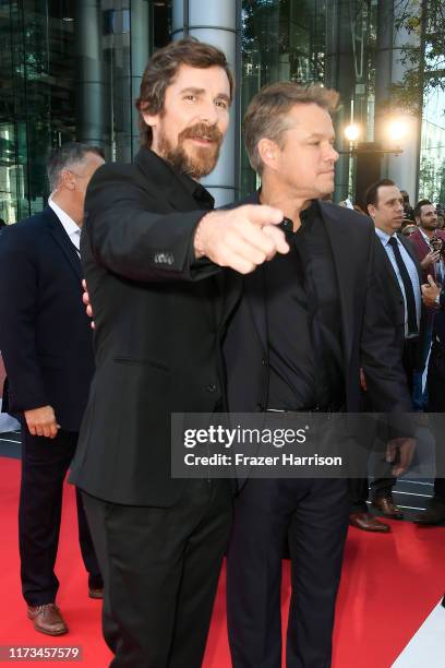 Christian Bale and Matt Damon attend the "Ford v Ferrari" premiere during the 2019 Toronto International Film Festival at Roy Thomson Hall on...