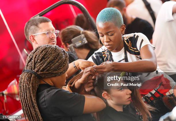 Grace Hartzel prepares backstage at Tom Ford during New York Fashion Week on September 09, 2019 in New York City.
