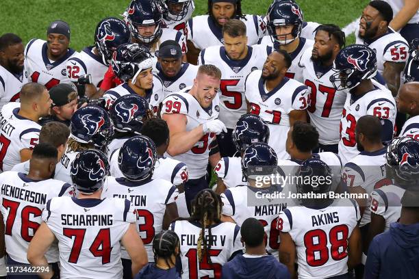 Watt of the Houston Texans gives the team a pep talk before a game against the New Orleans Saints at the Mercedes Benz Superdome on September 09,...