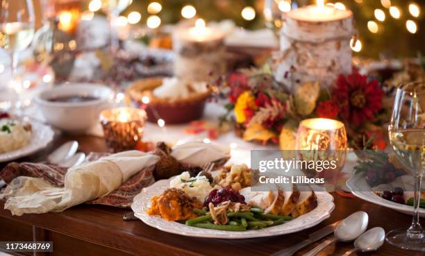 cena de pavo de acción de gracias - thanksgiving plate of food fotografías e imágenes de stock