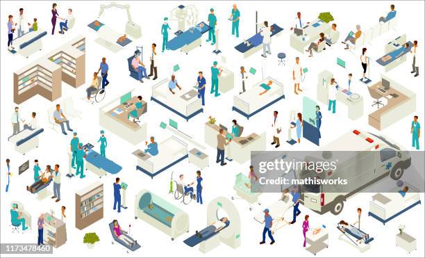 ilustraciones, imágenes clip art, dibujos animados e iconos de stock de iconos médicos isométricos - elevated view