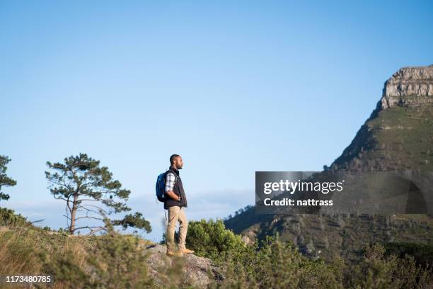 hiker with hands in pockets standing on cliff - lion's head mountain stock pictures, royalty-free photos & images