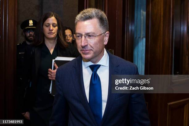 Former Special Envoy to Ukraine Kurt Volker departs following a closed-door deposition led by the House Intelligence Committee on Capitol Hill on...