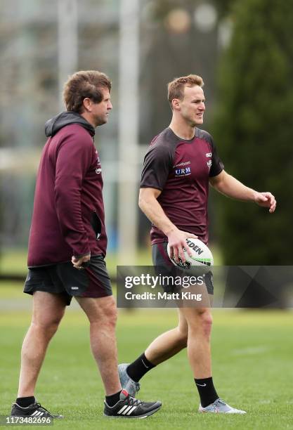 Sea Eagles head coach Des Hasler and Daly Cherry-Evans of the Sea Eagles prepare during a Manly Sea Eagles NRL Media Opportunity and Training Session...