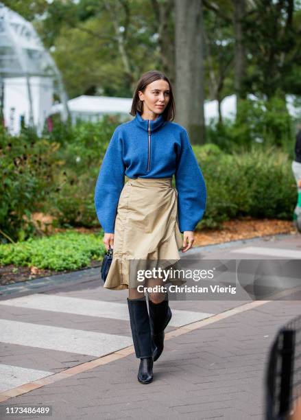 Mary Leest is seen wearing beige skirt, blue zipped jacket outside Carolina Herrera during New York Fashion Week September 2019 on September 09, 2019...