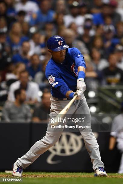 Addison Russell of the Chicago Cubs at bat during a game against the Milwaukee Brewers at Miller Park on September 06, 2019 in Milwaukee, Wisconsin.