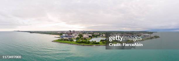 northwestern university campus aerial panorama - chicago suburbs stock pictures, royalty-free photos & images