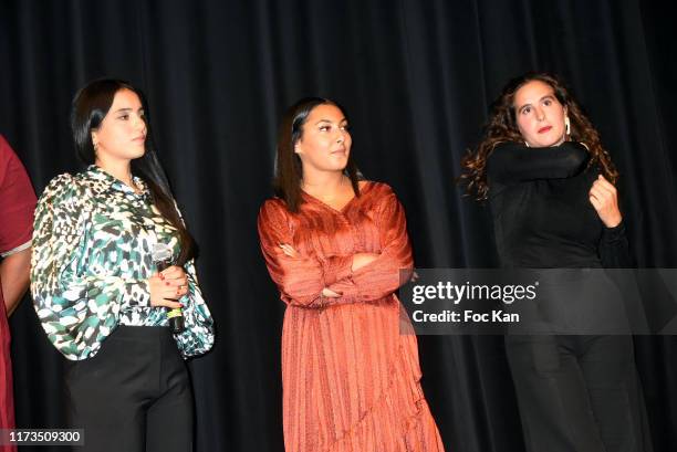 Actress Director Hafsia Herzi, Myriam Djeljeli and Mouna Soualem attend "Un Amour" Premiere At Institut Du Monde Arabe on September 9, 2019 in Paris,...