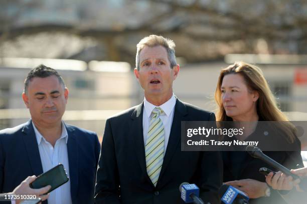 Canberra Raiders Chief Executive, Don Furner speaks to media with ACT Deputy Chief Minister Yvette Berry and NSW Deputy Premier, John Barilaro during...