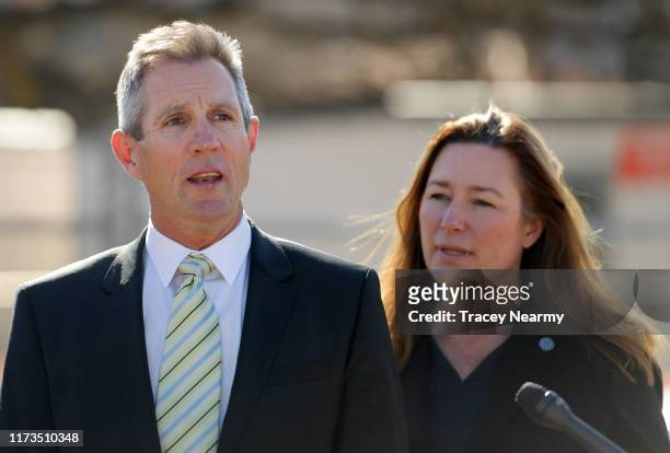 Canberra Raiders Chief Executive, Don Furner speaks to media with ACT Deputy Chief Minister Yvette Berry during the Canberra Raiders Centre of...