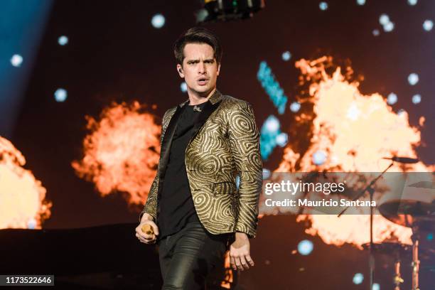 Brendon Urie of Panic at the Disco performs during day 4 of Rock In Rio Music Festival at Cidade do Rock on October 3, 2019 in Rio de Janeiro, Brazil.