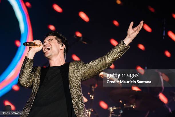 Brendon Urie of Panic at the Disco performs during day 4 of Rock In Rio Music Festival at Cidade do Rock on October 3, 2019 in Rio de Janeiro, Brazil.