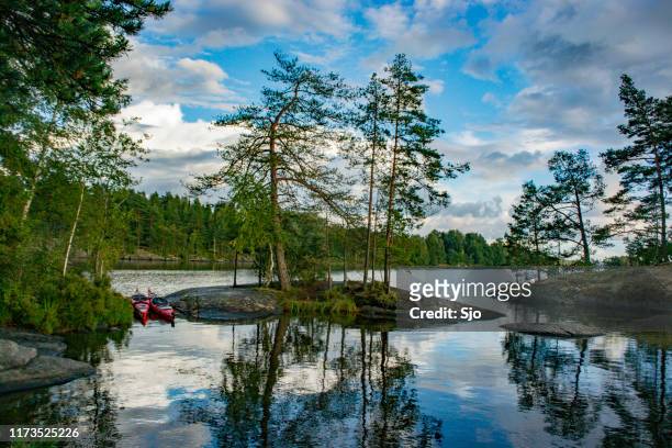 lake with trees and rocks in the dalsland lake district in sweden. - västra götaland county stock pictures, royalty-free photos & images