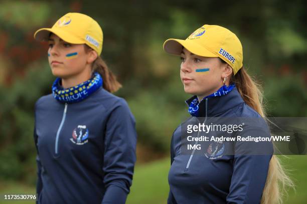 Benedetta Moresco and Lucie Malchirand of Team Europe look on during the PING Junior Solheim Cup during practice day 2 for The Solheim Cup at...