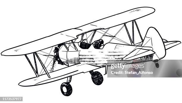 vector drawing of old biplane on white background - biplane stock illustrations