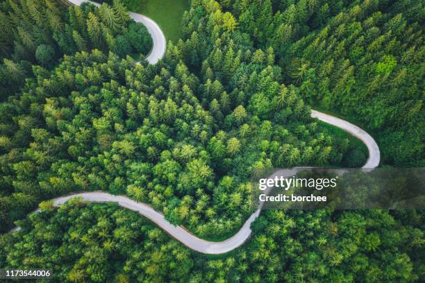 kronkelende weg - aerial view photos stockfoto's en -beelden