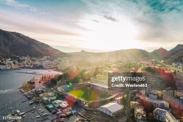 aerial view of como in winter early in the morning, italy - lakeside stadium stock pictures, royalty-free photos & images
