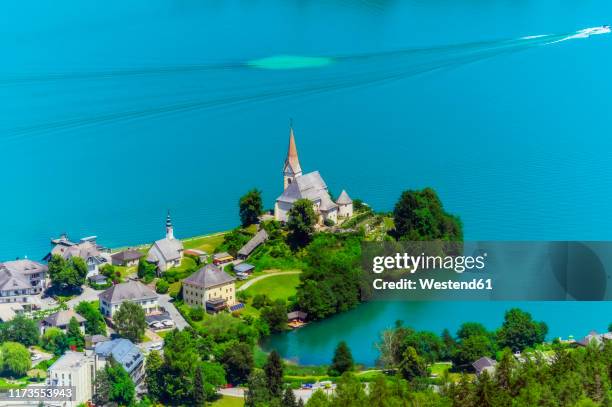 high angle view of church from pyramidenkogel tower at woerthersee - kärnten am wörthersee stock pictures, royalty-free photos & images