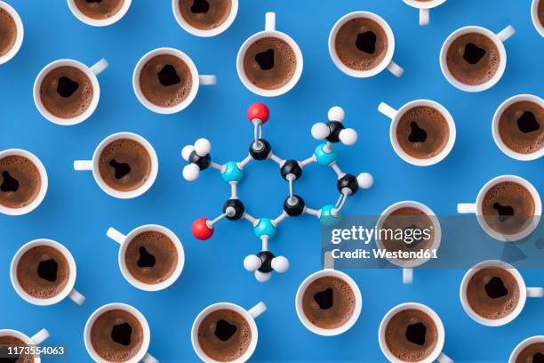 directly above view of caffeine chemical formula with coffee cups over blue background - koffeinmolekül stock-fotos und bilder