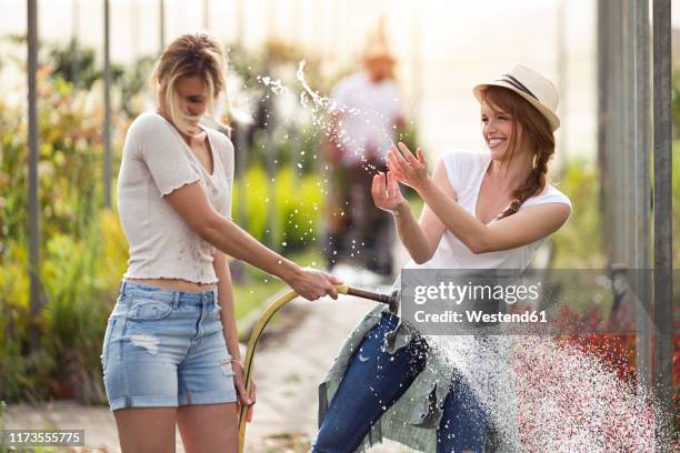 two happy young women having fun while watering flowers with hose in the greenhouse - hosepipe stock pictures, royalty-free photos & images