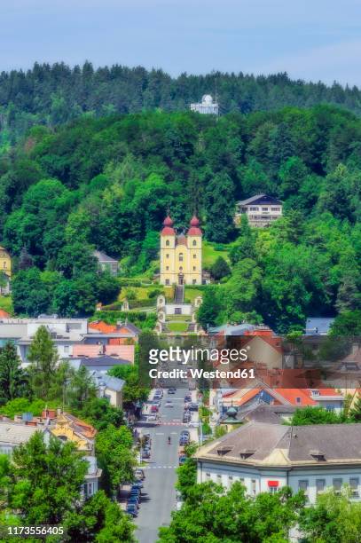 austria,†carinthia,†klagenfurt†am†worthersee, high angle view of city with church and way of the cross - klagenfurt foto e immagini stock